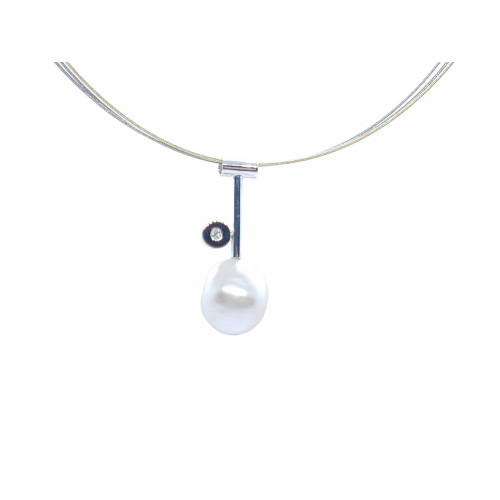 Gargantilla de plata y oro con diamante y perla natural cultivada Australiana