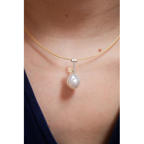 Gargantilla de plata y oro con diamante y perla natural cultivada Australiana