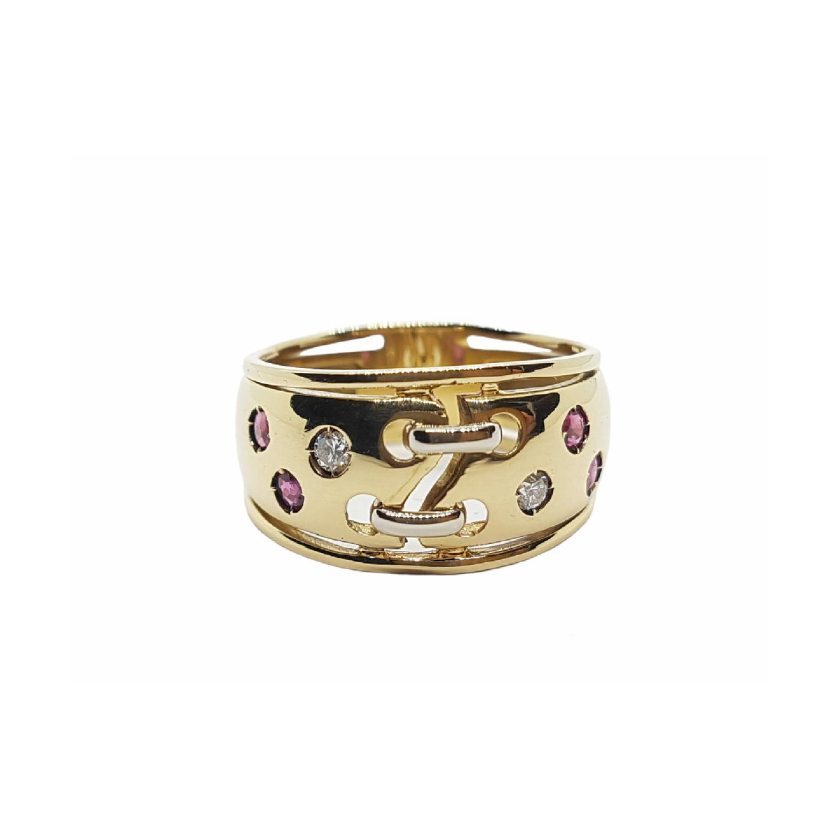 Anillo de oro amarillo con diamantes y rubíes