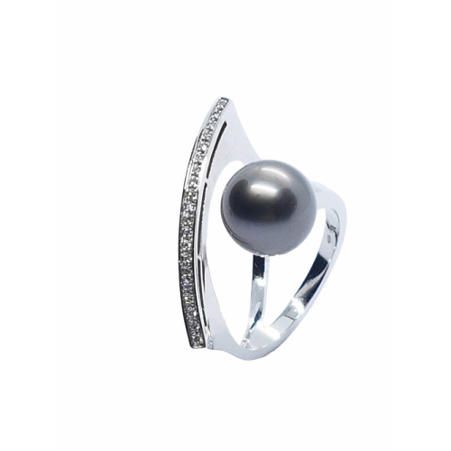 Anillo de oro blanco con diamantes y perla gris de Tahití