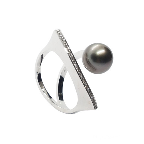 Anillo de oro blanco con diamantes y perla gris de Tahití